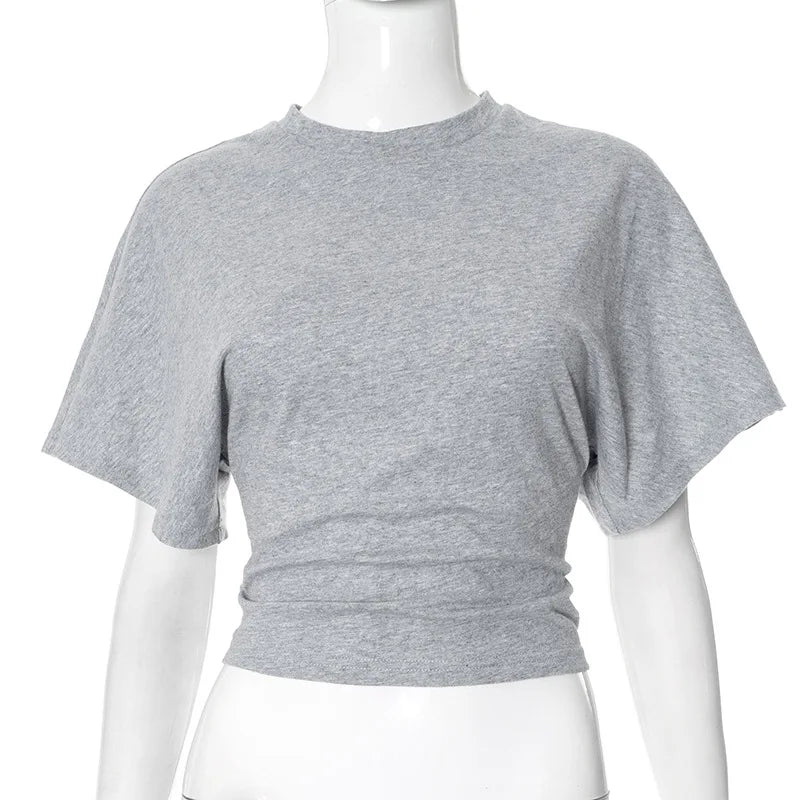 2025 Solid Gray Cropped T-Shirt for Women | Casual O-Neck Corset Top | Streetwear Short Sleeve Summer Tee
