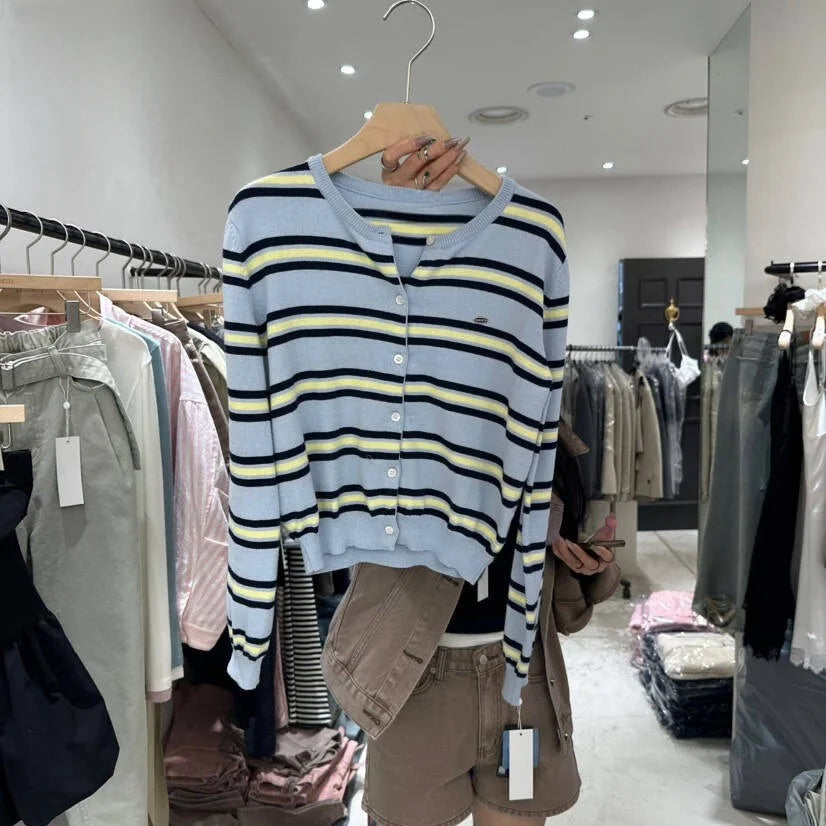 Women's Striped Knitted Cardigan | Chic Spring Button-Up Sweater | Soft Classic Open Front Knitwear