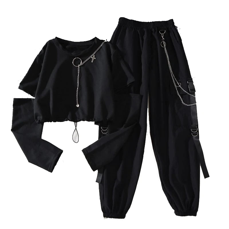 Spring Autumn Women’s Harajuku Cargo Two-Piece Suit – Cool Chain Ribbon Long Sleeve Top & Pants 🖤✨