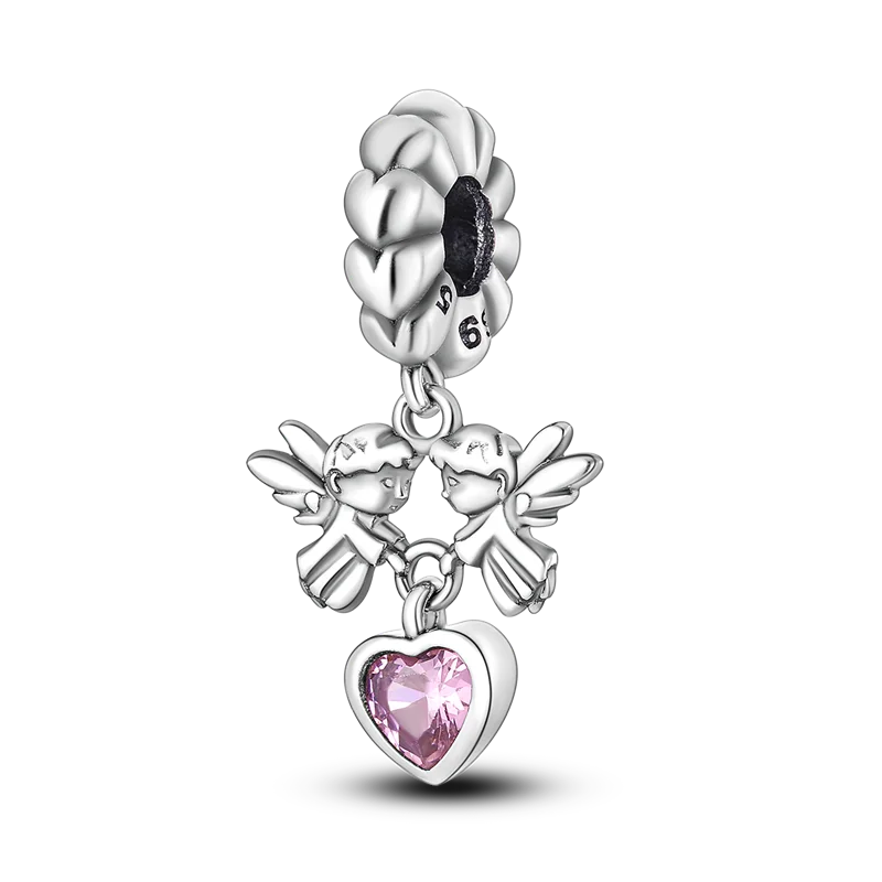 S925 Silver Angel Baby Charms | Heart Shape Wings Dangle Beads Fit Bracelet & Necklace