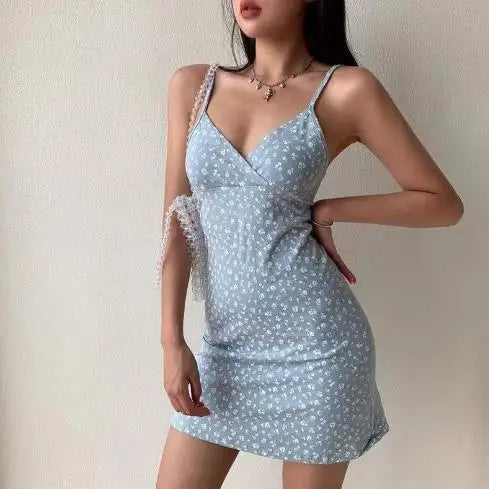 Sleeveless Vintage Floral Spaghetti Strap Mini Dress – Women’s V-Neck Backless Summer Camisole Dress