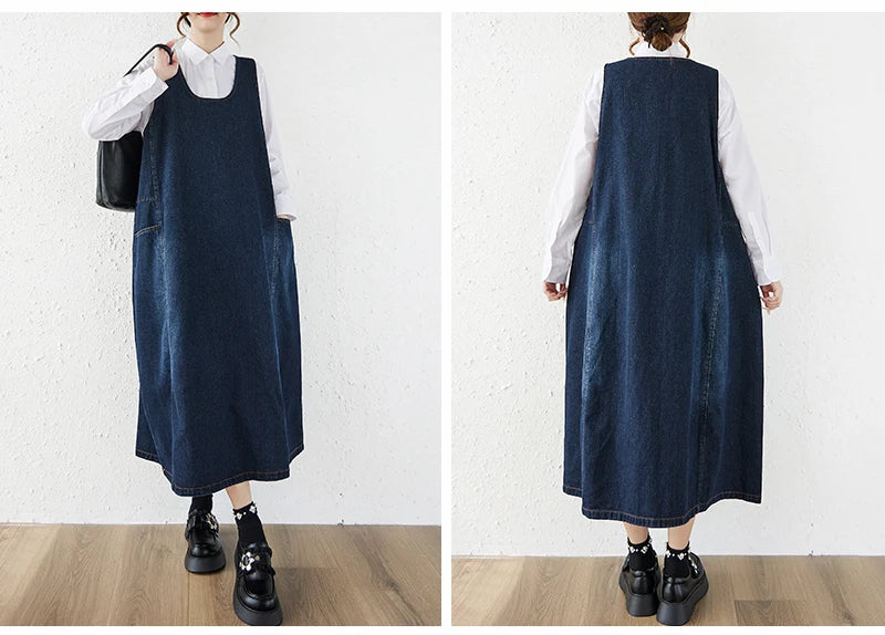 Loose Korean Style Plus Size Denim Vest Skirt – High Waist Over-Knee Slimming Cotton Jeans Corset Casual Dress for Women