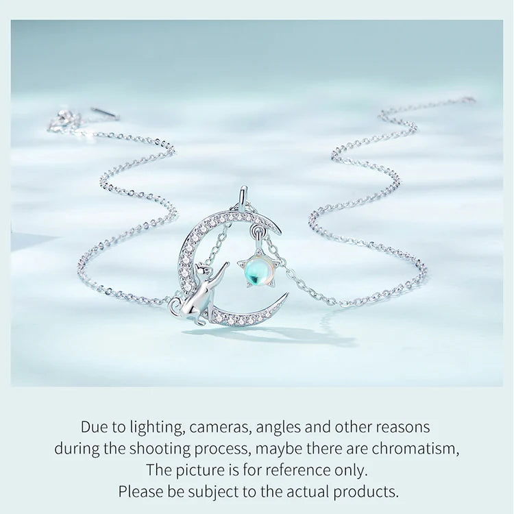WOSTU 925 Sterling Silver Cat & Rabbit Moon Necklace | Star Zircon Pendant for Women Fine Jewelry Gift