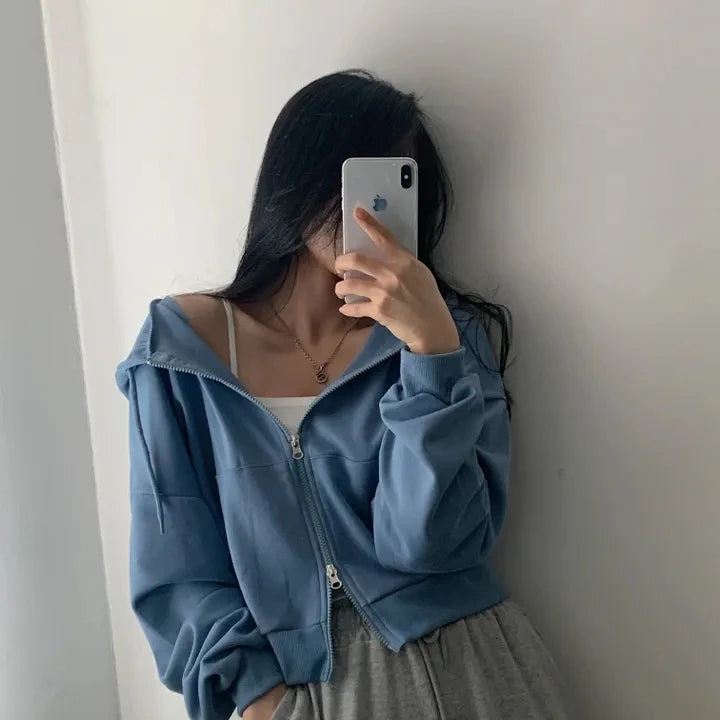 Chic Early Autumn Casual Long Sleeve Hoodie – Double Zipper Loose Versatile Cotton Pullover | Pure Color Commute Wear