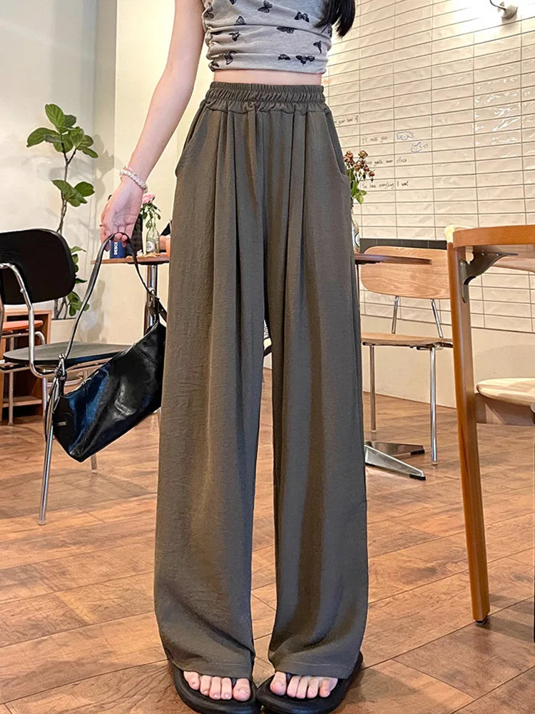 Summer Women Colorful Ice Silk Pants | High Waisted Wide Leg Trousers | Baggy Straight Leg Casual Pants