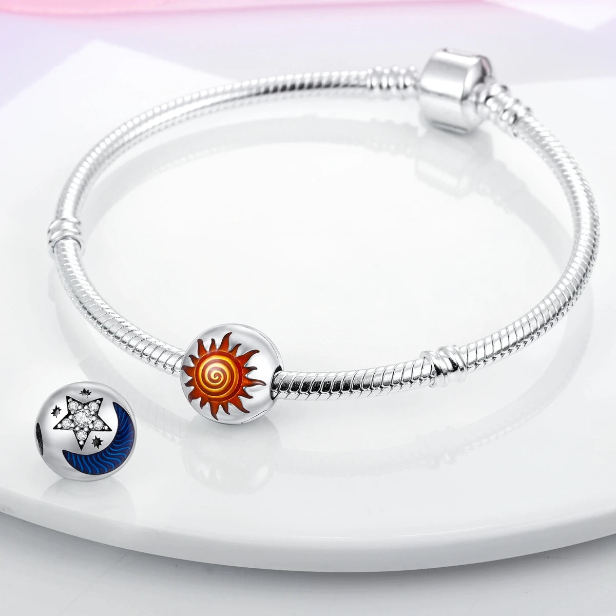 Silver Plated Colorful Glowing Moon & Stars Rainbow Dangle Charms | Fit Original Bracelet & Necklace | Women’s Jewelry Beads