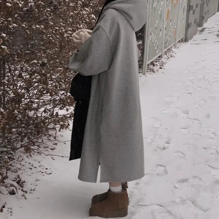 Chic Winter College Long Hoodie Dress ❄️ Lazy Fleece A-Line Side Slit Dress 👗 Pure Color Polyester Fiber 🧵