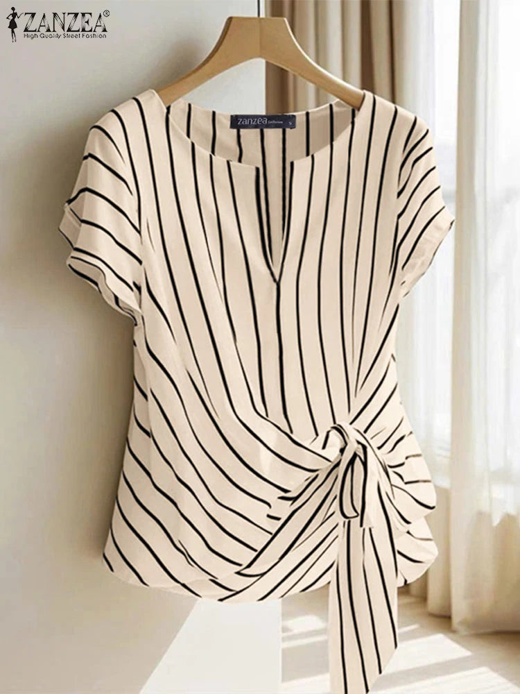 Fashion Stripe Blouse 2025 ZANZEA Women’s V-Neck Short Sleeve Summer Top – Elegant OL Work Shirt 👚✨
