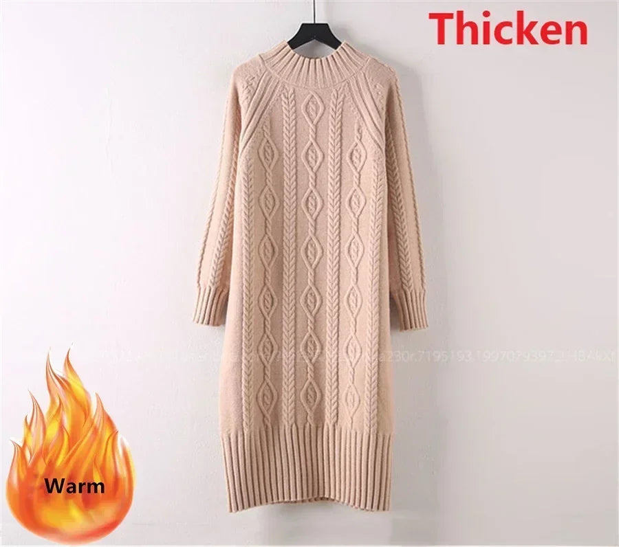 Winter Thicken Plus Velvet Sweater Dress for Women – Fall Mock Neck Rib Knit Midi Dress | Elegant Warm Vestido with Coats