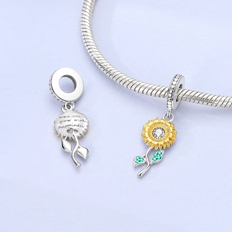 New 925 Sterling Silver Sunflower Heart Charm Bead | Original Bracelet DIY Jewelry Gift for Women