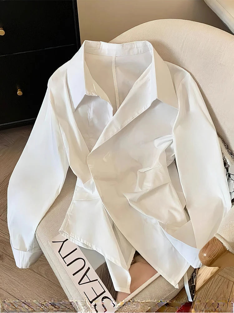 Designer Irregular Long Sleeve Polo Shirt Women – Elegant White Tunic Work Blouse