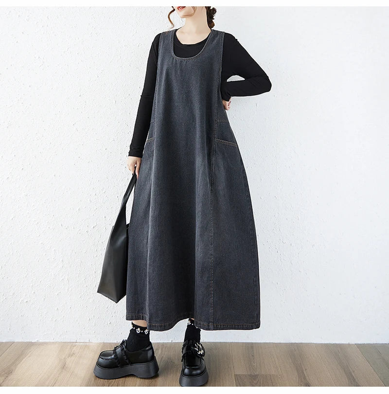 Loose Korean Style Plus Size Denim Vest Skirt – High Waist Over-Knee Slimming Cotton Jeans Corset Casual Dress for Women