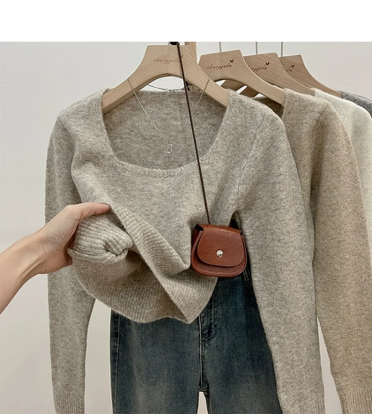 ✨ Soft Short Knitted Sweater Top for Women 🍁 Square Collar Slim Fit | Autumn Winter Inner Base Shirt 👚