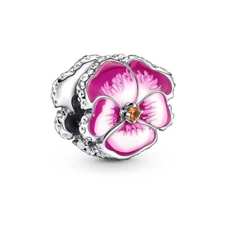 Romantic Pink Flowers 925 Sterling Silver Charms | Bag Lipstick Heart Bow Rose Bead Fit Original Bracelet DIY Jewelry Gift