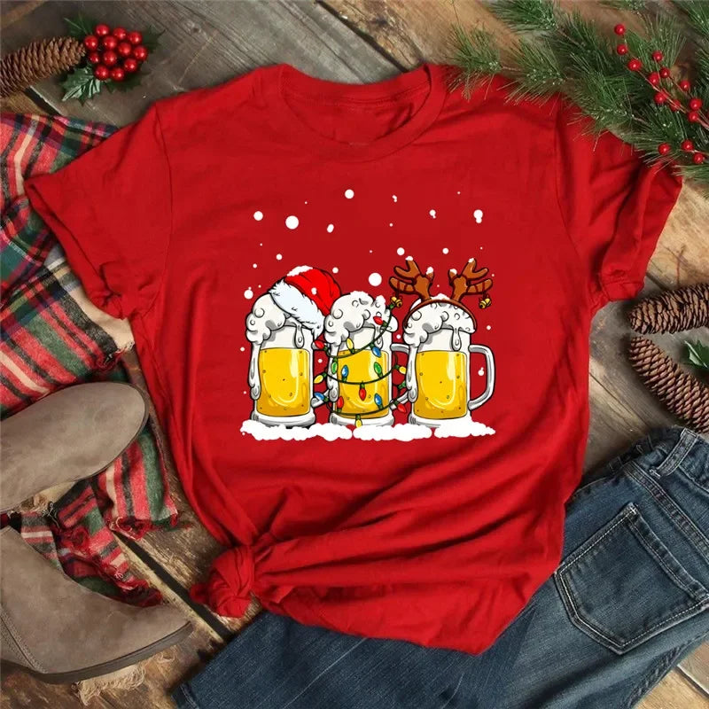 Women’s Christmas Wine Glass T-Shirt | Funny Holiday Black Tee Xmas Gift Top 2025
