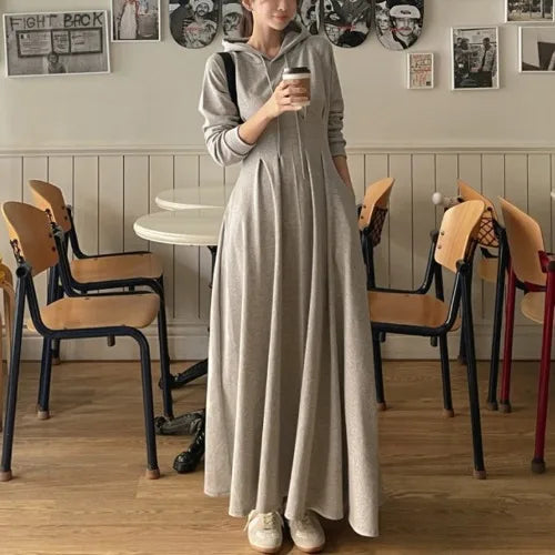 🍂 Chic Autumn Pleated Waist Slimming Long Sleeve Hooded Dress 👗 Women’s Long Dress Lazy Style Comfy Commute Wear