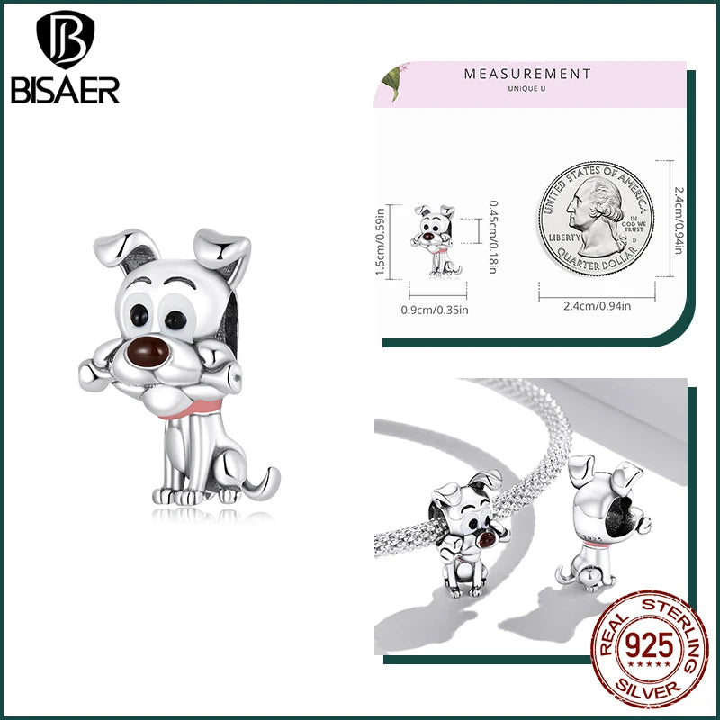 BISAER 925 Sterling Silver Dog Charm | Cute Dachshund Pet Bead Pendant for Women’s DIY Bracelet Jewelry