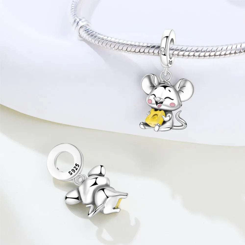 PANPOKI 925 Sterling Silver Cute Mouse Eating Cheese Charm Pendant | Original Bracelet DIY Jewelry Gift for Women