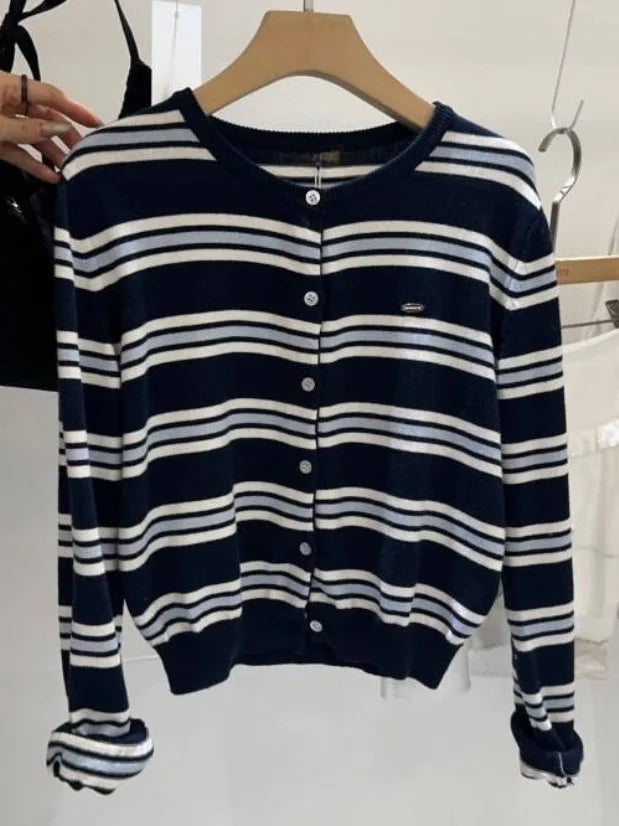 Women's Striped Knitted Cardigan | Chic Spring Button-Up Sweater | Soft Classic Open Front Knitwear
