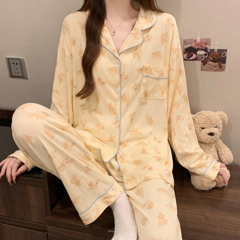 🌸 Pink Bow Pajamas Set for Women 💖 Long Sleeve Top & Elastic Waist Pants 🛌 Harajuku Style Casual Home Wear