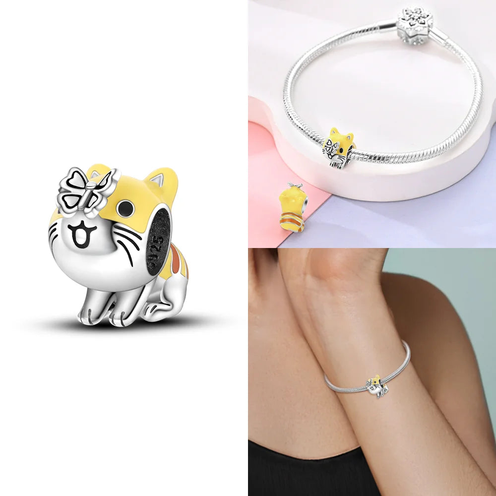 Original 925 Sterling Silver Pink Zircon Cat Dog Squirrel Red Heart Bead | Fit Bracelet Women DIY Jewelry Gift