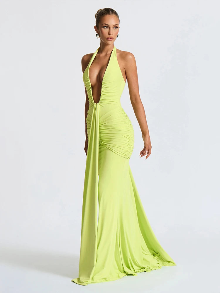 Weird Puss Backless Tassel Dress for Women – Peach Buttock Pleated Halter Sleeveless Party Vestido | Midnight Clubwear