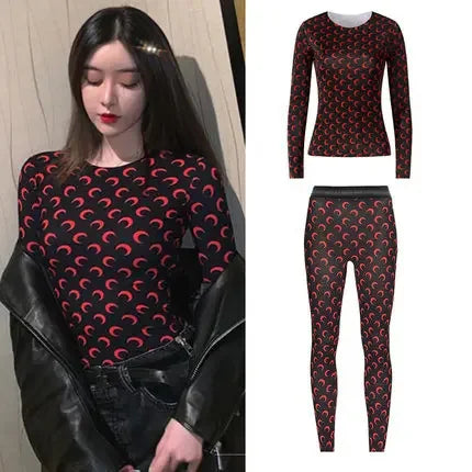 American Retro Women’s Two-Piece Set – Ice Silk Top & Pants with Moon Print Long Sleeve 🌙✨