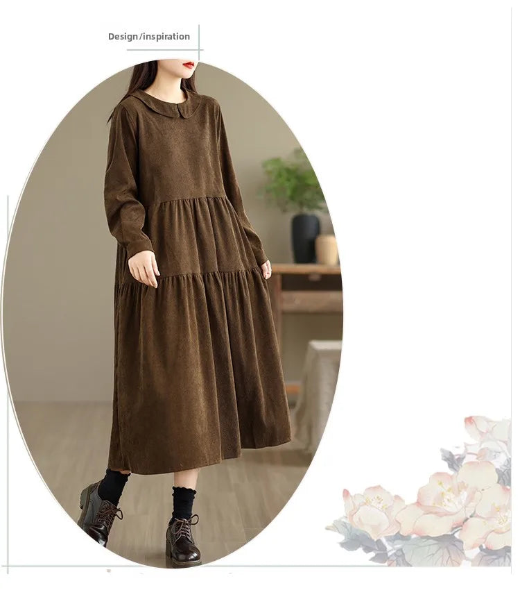 Corduroy Long Sleeve Doll Collar Dress 👗 Autumn Winter Loose A-Line Casual Midi Dress 🍂 Simple Chic Commute Dress