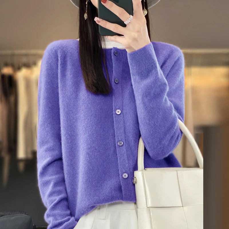 Women’s 100% Pure Wool Loose Cardigan – Autumn Winter Round Neck Solid Color Top 🍂🧶