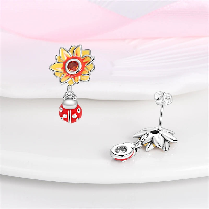 Luxury 925 Sterling Silver Sunflower & Ladybug Earrings | Pave CZ Fashion Jewelry Gift for Women Engagement & Anniversary