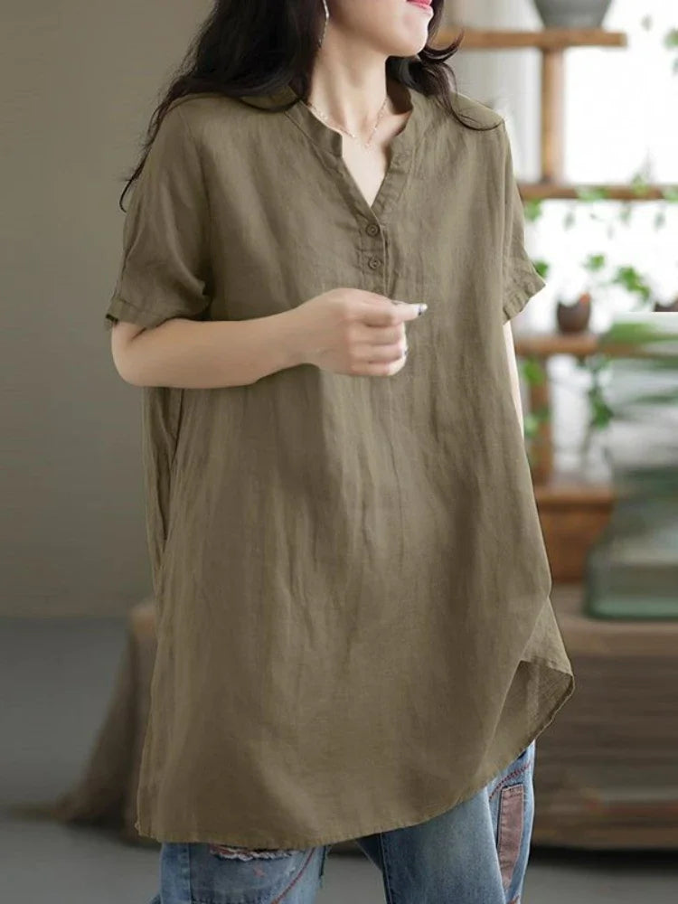 2024 Summer Cotton & Hemp Women’s Shirt – Casual Commuting Short Sleeve Half-Open Top 🌿👚