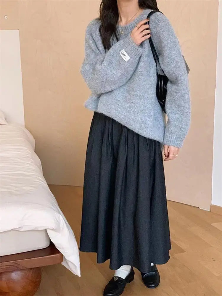 Loose Women’s Blue Sweater | Korean Casual Knitwear | Spring Autumn Round Neck Pullover