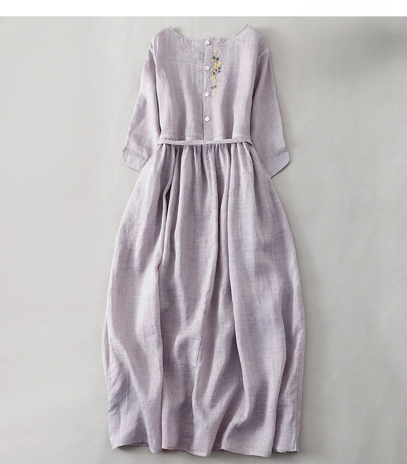 Elegant Embroidered Cotton Linen Long Dress – Women's Loose Waist Slimming Age-Defying Skirt, Spring, Summer & Autumn Fashion
