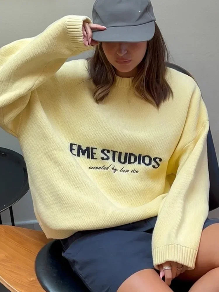 2025 Women’s Oversize Knitted Top | Full Sleeve Round Neck Pleated Loose Sweater | Autumn Daily Streetwear