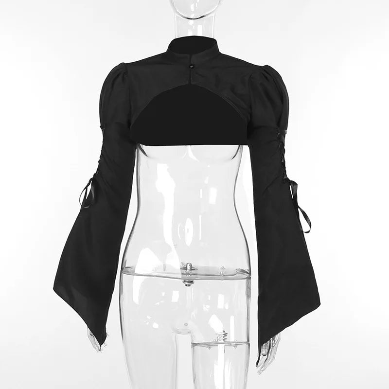 Dark Black Goth Top | Women’s Vintage Flared Sleeve Gothic T-Shirt Y2K Party Wear