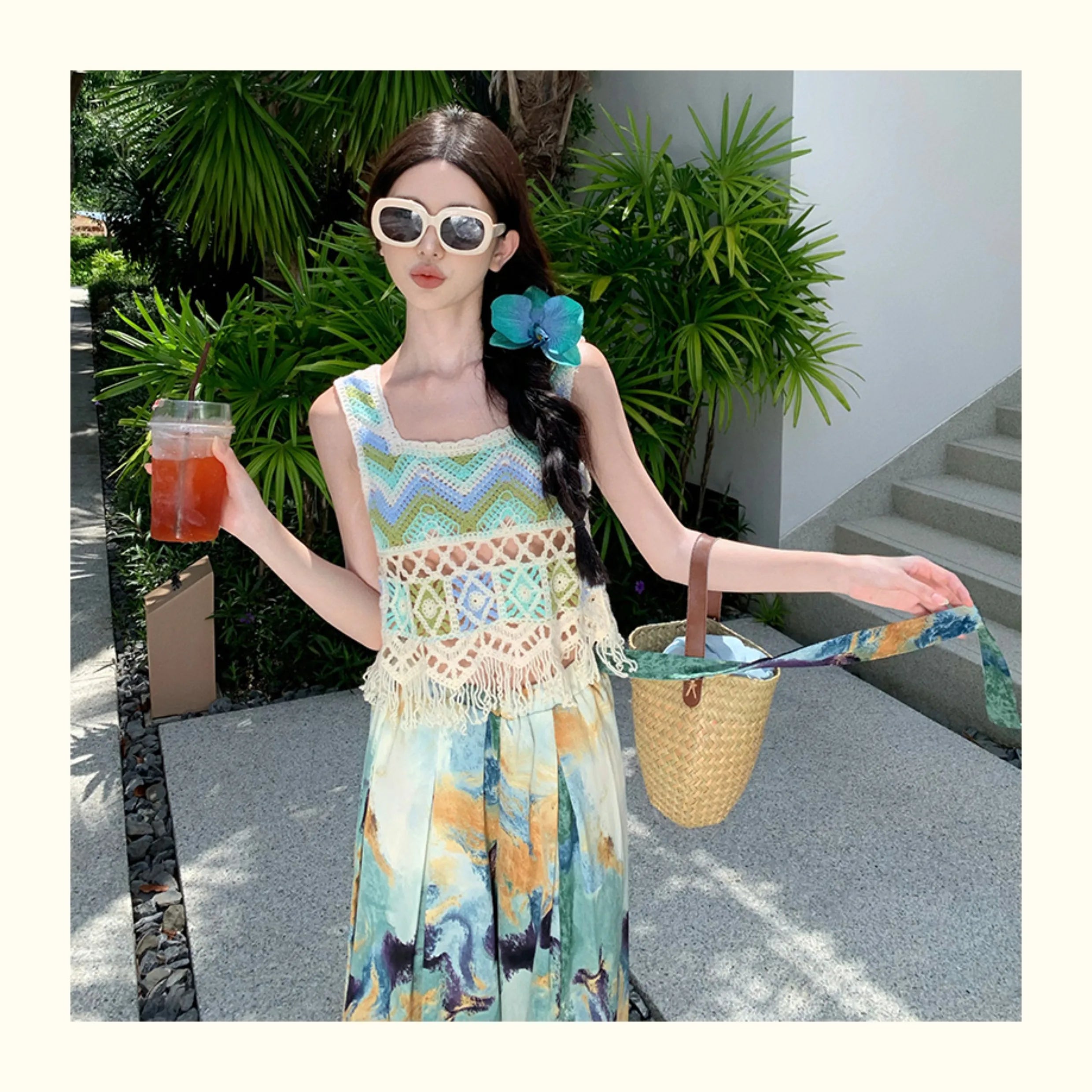 Vacation Style High Waist Wide Leg Pants – Thin Long Ethnic Print Pants for Beach & Holiday Wear