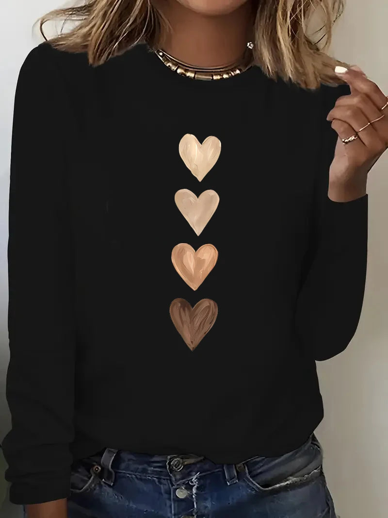 Fashion Gothic Love Heart Printed Long Sleeve T-Shirt – Vintage Crew Neck Women’s Casual Tee