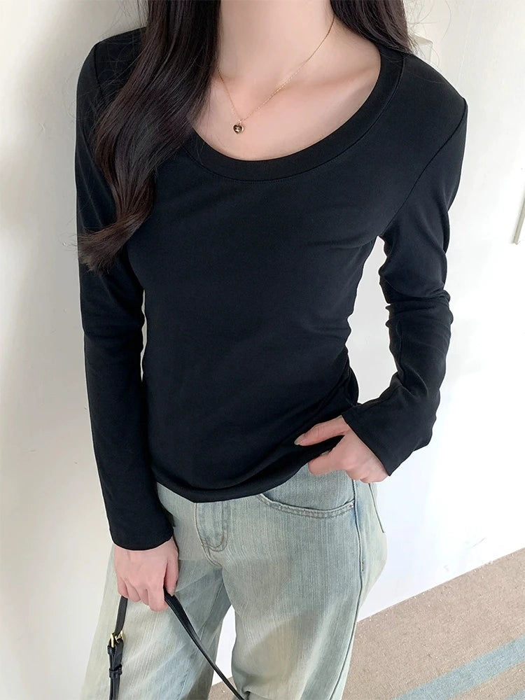 Women’s U-Neck Long Sleeve T-Shirt | Autumn Winter Cotton Slim Casual Top | Basic Solid Korean Style