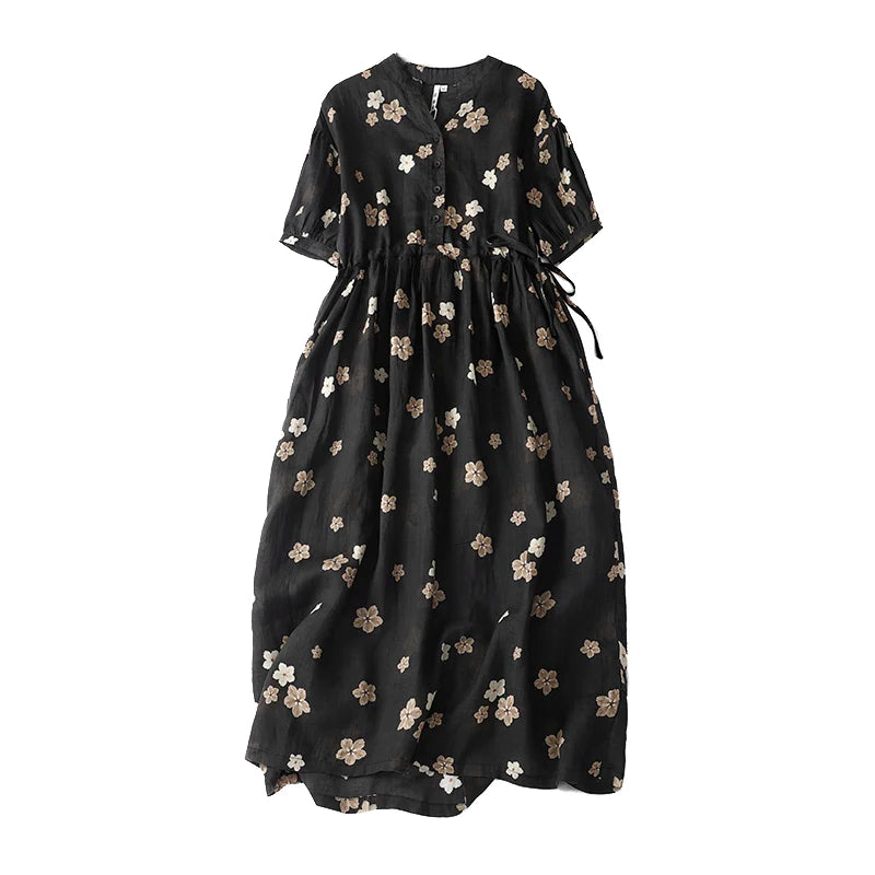 Elegant Hemp Floral Print Maxi Dress – Women's Summer Travel Gown, A-Line Midi Skirt, Chic Lightweight Long Dress