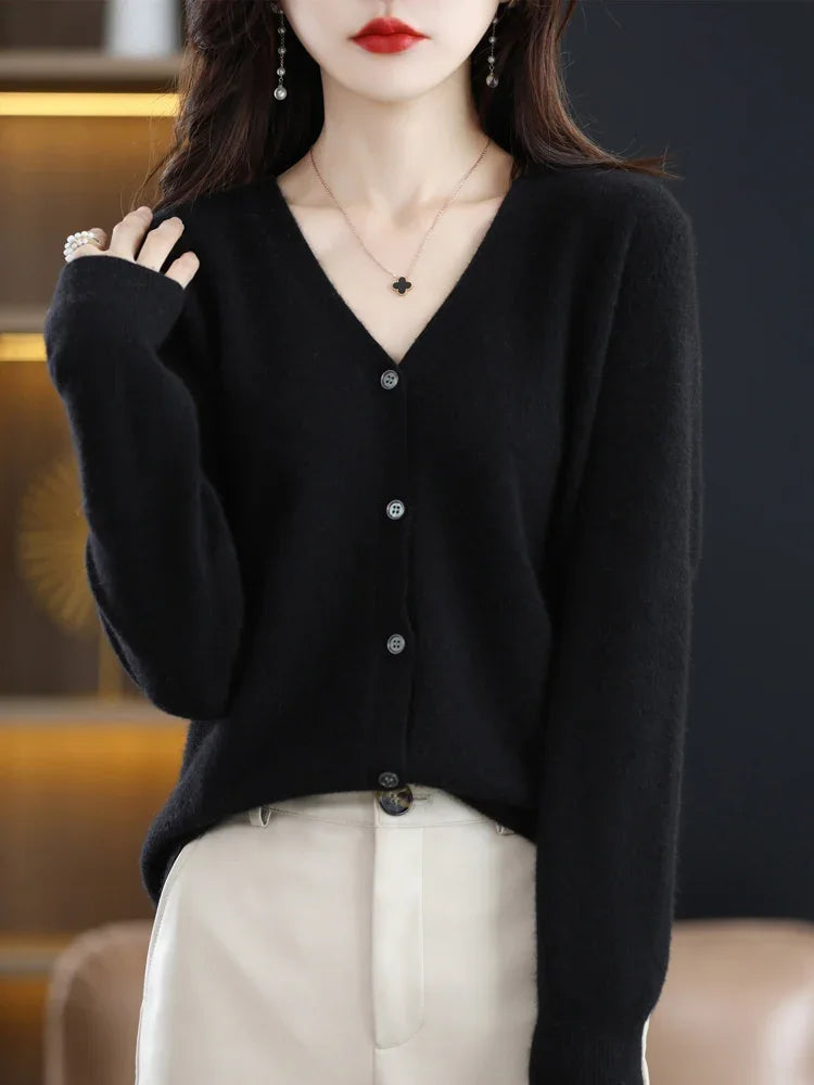 Women Cardigans V-Neck Long Sleeve Knitted Outerwear – Korean Fashion Solid Thin Spring Autumn Sweater