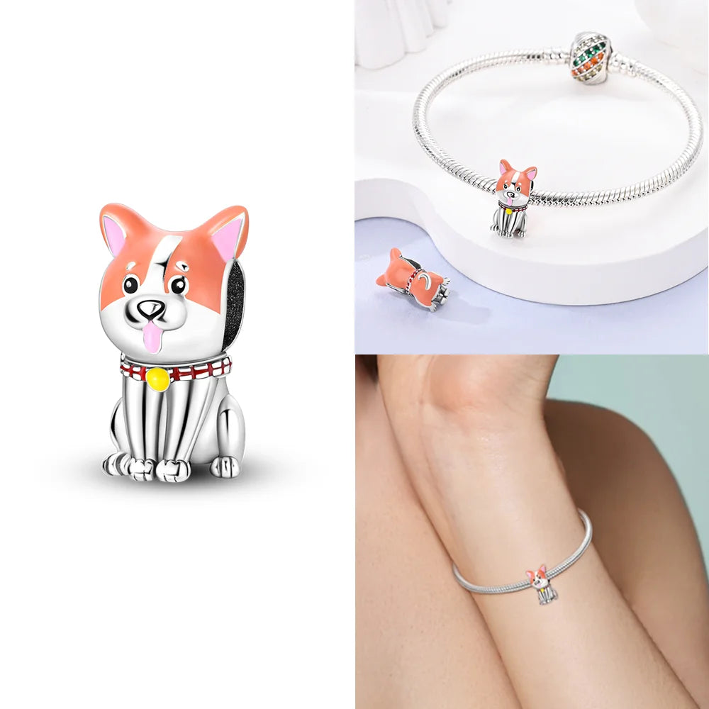 Original 925 Sterling Silver Pink Zircon Cat Dog Squirrel Red Heart Bead | Fit Bracelet Women DIY Jewelry Gift