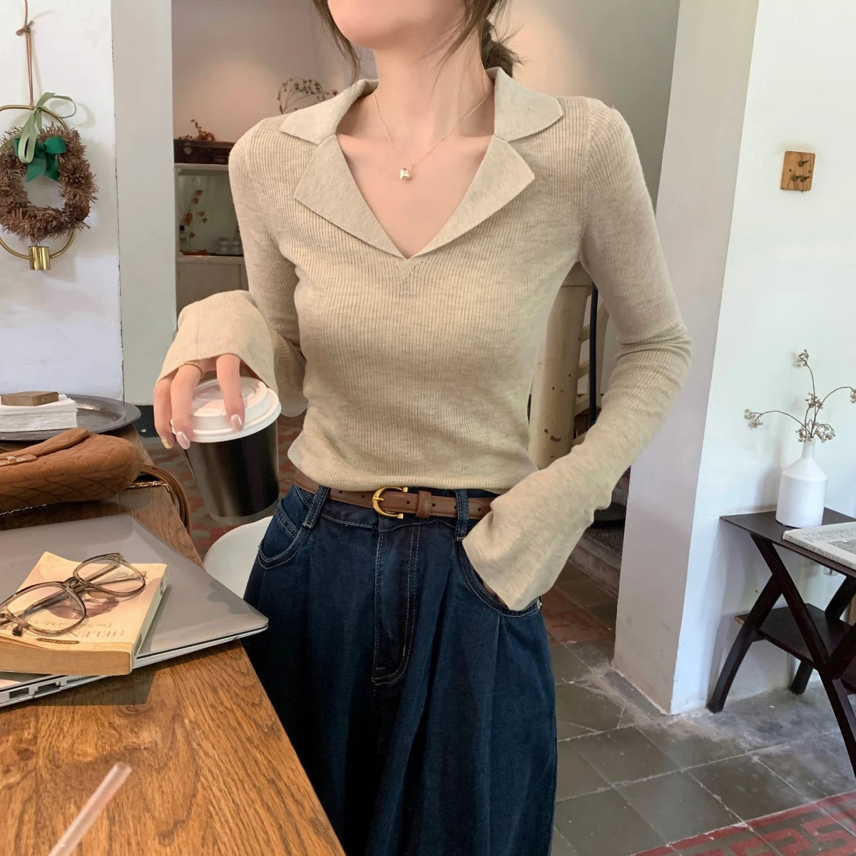 French Style Knitted Long Sleeve V-Neck Collar Sweater – Women’s Winter Base Layer Top | Stretchy Fit for Young Women