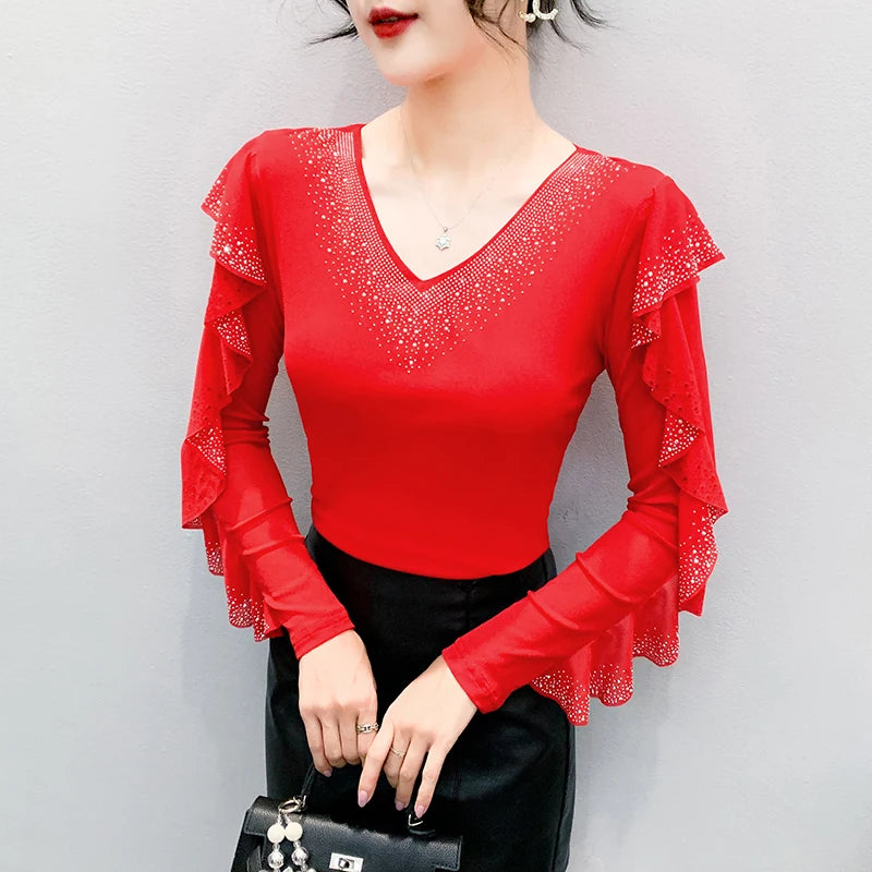 2025 Autumn Women’s Mesh Top – Korean Round Neck Ruffles & Diamond Detail Long Sleeve T-Shirt 🍂✨