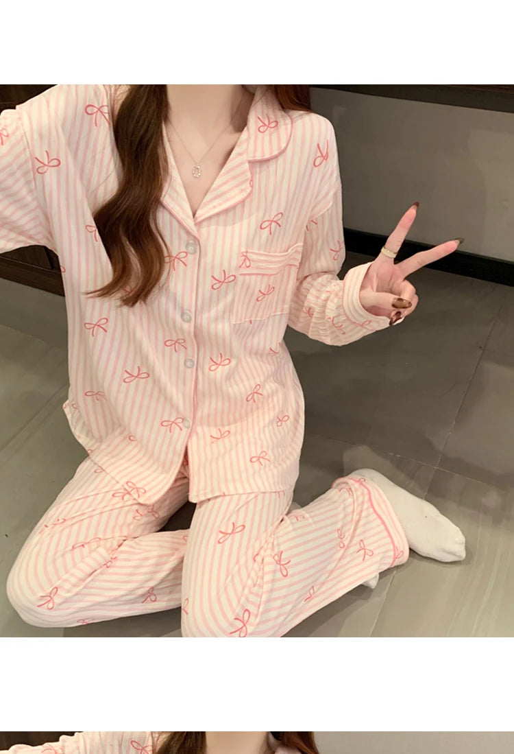 🌸 Pink Bow Pajamas Set for Women 💖 Long Sleeve Top & Elastic Waist Pants 🛌 Harajuku Style Casual Home Wear