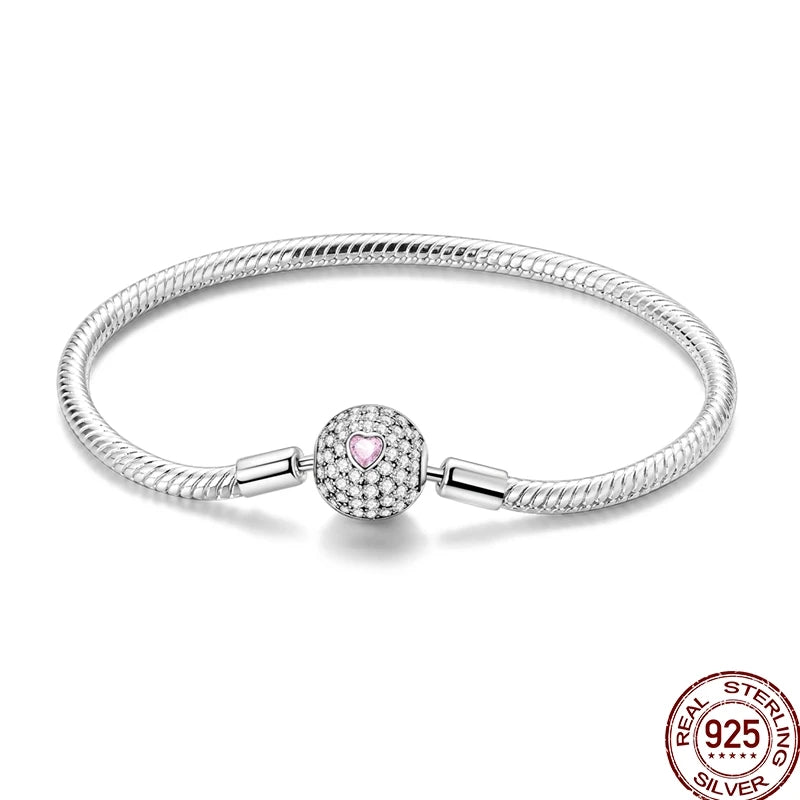 925 Sterling Silver Heart Moon Sun Clasp Charm Bracelet | 17–20CM Original Bracelet for Women | Fits Pandora DIY Beads Jewelry