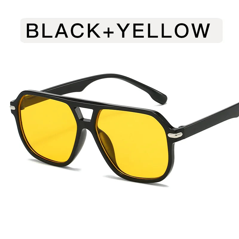 Retro Big Frame Square Sunglasses – Women & Men Double Beam One-Piece Designer Pilot Sun Glasses | Black Circular Cool Shades