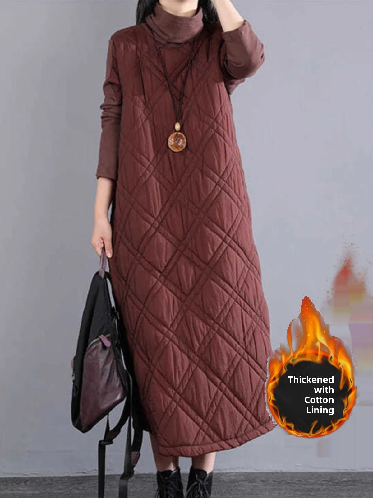 Retro High Collar Cotton Blend Long Dress for Women – Loose Fit Thickened A-Line Skirt for Autumn Winter Casual Wear