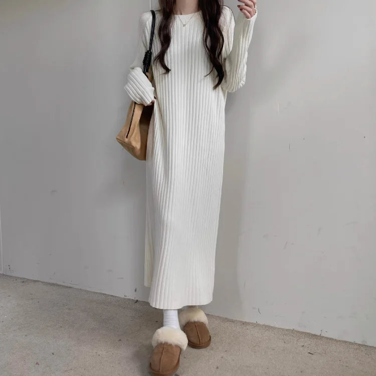 Plus Size Women’s Mid-Length Dress – Casual Round Neck Long Sleeve A-Line H-Line Skirt for Autumn Winter