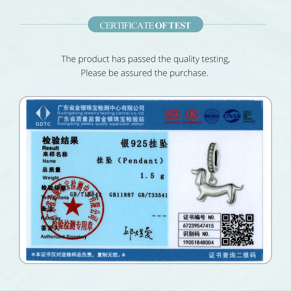 BISAER 925 Sterling Silver Dog Charm | Cute Dachshund Pet Bead Pendant for Women’s DIY Bracelet Jewelry