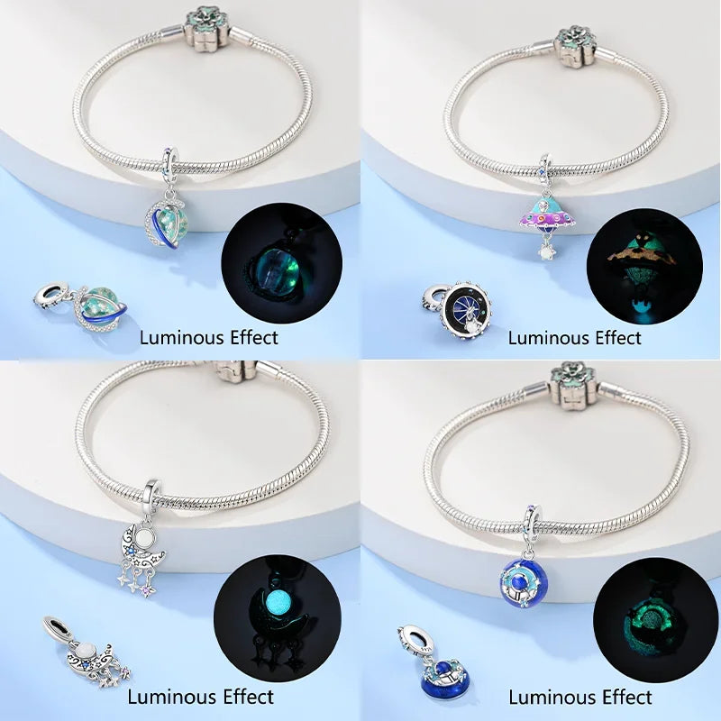 925 Sterling Silver Luminous Rabbit Astronaut Spaceship Charm – Fits Original Bracelet DIY Jewelry Gift for Women